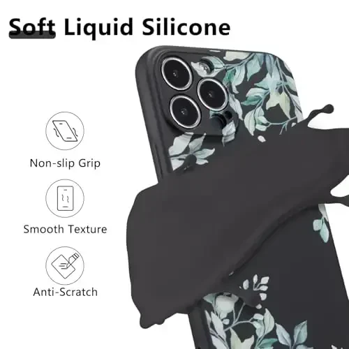 RALEAVO Case for iPhone 16 Pro,Liquid Silicone Cover with Cute Leaves Pattern Floral Phone Cover for Girls Women Slim Soft Rubber Protective Phone Case for iPhone 16 Pro (6.3
