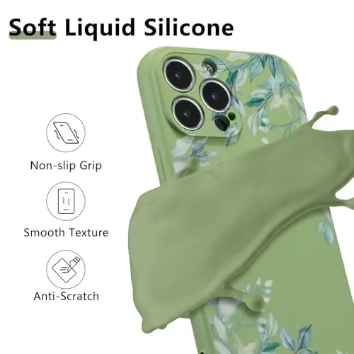 RALEAVO Case for iPhone 16 Pro,Liquid Silicone Cover with Cute Leaves Pattern Floral Phone Cover for Girls Women Slim Soft Rubber Protective Phone Case for iPhone 16 Pro (6.3