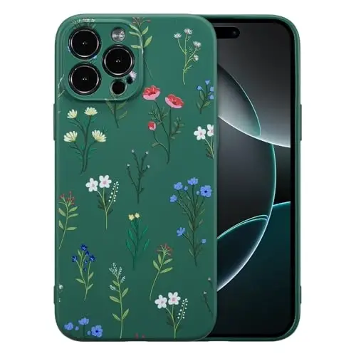 RALEAVO Floral Case for iPhone 16 Pro Max,Liquid Silicone Cover with Flower Daisies Pattern Cute Phone Cover for Girls Women Slim Soft Rubber Protective Phone Case for iPhone 16 Pro Max,Dark Green - 1