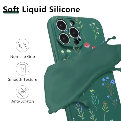 RALEAVO Floral Case for iPhone 16 Pro Max,Liquid Silicone Cover with Flower Daisies Pattern Cute Phone Cover for Girls Women Slim Soft Rubber Protective Phone Case for iPhone 16 Pro Max,Dark Green - 2