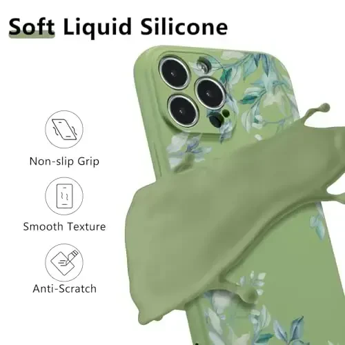 RALEAVO iPhone 16 Pro uchun g'ilof, suyuq silikonli, yoqimli barg naqshli, gulli telefon qopqog'i, qizlar va ayollar uchun, ingichka yumshoq rezina himoya g'ilofi, iPhone 16 Pro (6.3