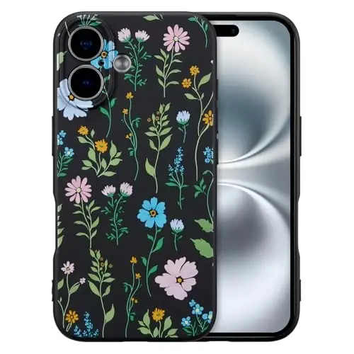 RALEAVO iPhone 16 uchun floral gʻilof, suyuq silikon qoplamali, gul kosmos naqshli, qizlar va ayollar uchun yoqimli telefon gʻilofi, ingichka yumshoq rezina himoya telefon gʻilofi iPhone 16 (6.1