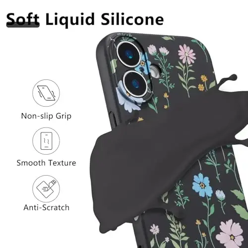 RALEAVO iPhone 16 uchun floral gʻilof, suyuq silikon qoplamali, gul kosmos naqshli, qizlar va ayollar uchun yoqimli telefon gʻilofi, ingichka yumshoq rezina himoya telefon gʻilofi iPhone 16 (6.1