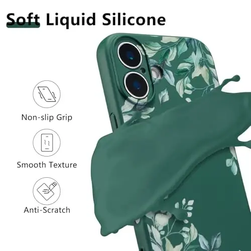 RALEAVO iPhone 16 uchun g‘ilof, suyuq silikon qopqoq, qizlar va ayollar uchun yoqimli barg naqshli gul telefon qopqog‘i, iPhone 16 (6.1