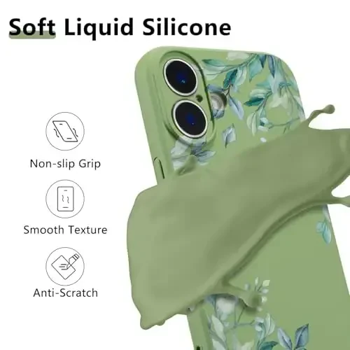 RALEAVO iPhone 16 uchun g'ilof, suyuq silikon qopqoq, qizlar va ayollar uchun yoqimli barg naqshli gul telefon qopqog'i, iPhone 16 uchun nozik yumshoq rezina himoya telefon qutisi (6,1