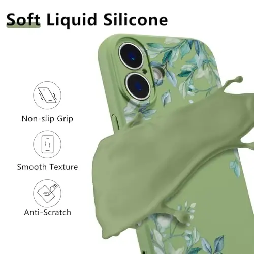 RALEAVO iPhone 16 uchun g'ilof, suyuq silikon qopqoq, qizlar va ayollar uchun yoqimli barg naqshli gul telefon qopqog'i, iPhone 16 uchun nozik yumshoq rezina himoya telefon qutisi (6,1