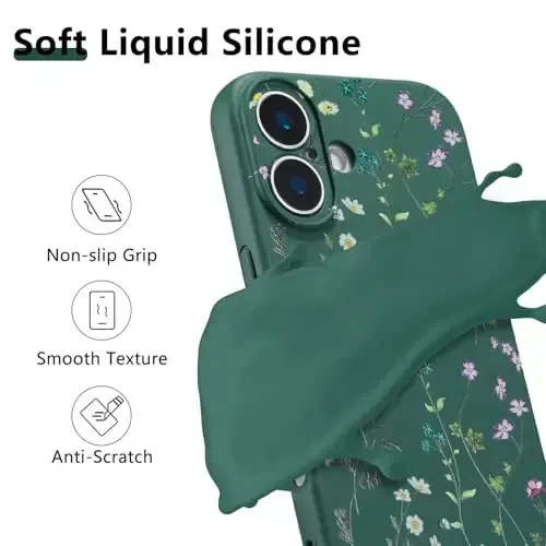 RALEAVO iPhone 16 uchun gul naqshli g‘ilof, qizlar uchun chiroyli gul shoxchali suyuq silikon qopqoq, iPhone 16 (6.1