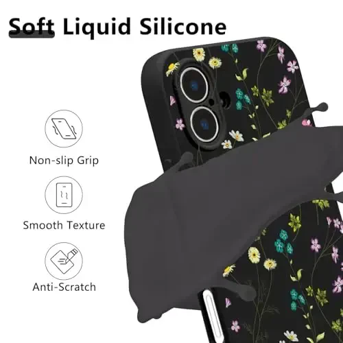 RALEAVO iPhone 16 uchun gul naqshli g‘ilof, qizlar va ayollar uchun chiroyli gul novdali suyuq silikon qopqoq, iPhone 16 (6.1
