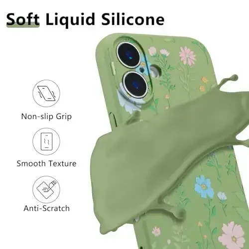 RALEAVO iPhone 16 uchun gulli g'ilof, suyuq silikon qopqoq, gul kosmos naqshli qizlar uchun yoqimli telefon qopqog'i, ayollar uchun ingichka yumshoq rezina himoya telefon qutisi iPhone 16 (6.1