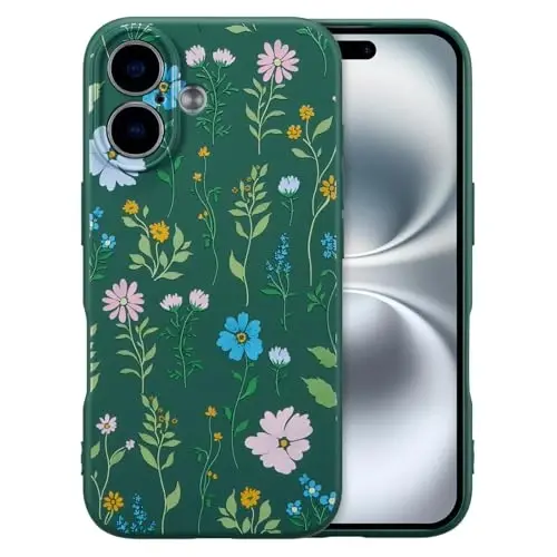 RALEAVO iPhone 16 uchun gulli g'ilof, suyuq silikon qopqoq, gulli kosmos naqshli qizlar uchun yoqimli telefon qopqog'i, ayollar uchun nozik yumshoq rezina himoya telefon qutisi iPhone 16 (6.1