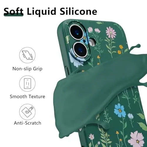 RALEAVO iPhone 16 uchun gulli g'ilof, suyuq silikon qopqoq, gulli kosmos naqshli qizlar uchun yoqimli telefon qopqog'i, ayollar uchun nozik yumshoq rezina himoya telefon qutisi iPhone 16 (6.1