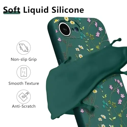 RALEAVO Floral Case for iPhone 16e/iPhone 17e,Liquid Silicone Cover with Cute Flower Branch Pattern for Girls Women Slim Soft Rubber Protective Phone Case for iPhone 16e/17e (6.1