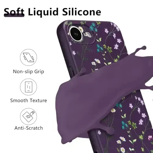 RALEAVO Floral Case for iPhone 16e,Liquid Silicone Cover with Cute Flower Branch Pattern for Girls Women Slim Soft Rubber Protective Phone Case for iPhone 16e (6.1