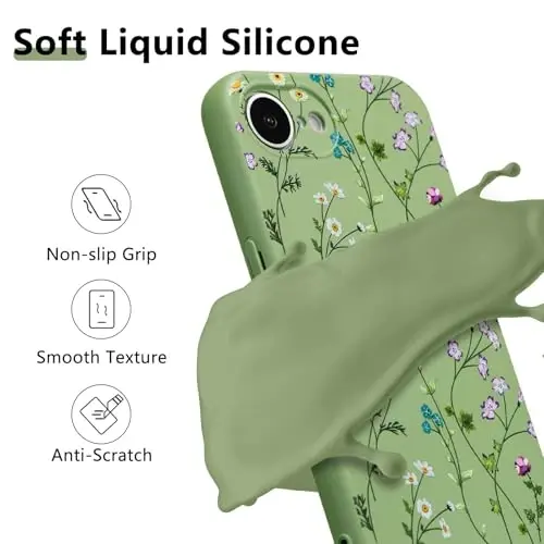 RALEAVO Floral Case for iPhone 16e,Liquid Silicone Cover with Cute Flower Branch Pattern for Girls Women Slim Soft Rubber Protective Phone Case for iPhone 16e (6.1