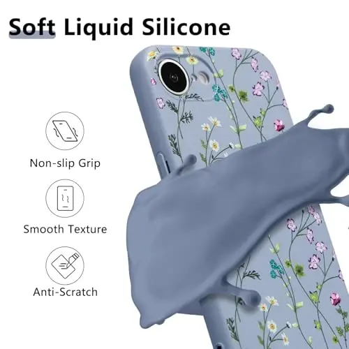 RALEAVO iPhone 16e uchun floral g'ilof, qizlar uchun chiroyli gul novdasi naqshli suyuq silikon qopqoq, ayollar uchun nozik yumshoq rezina himoya telefon g'ilofi iPhone 16e (6.1