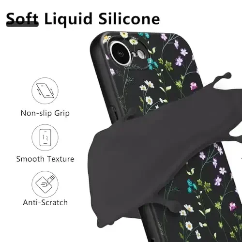 RALEAVO iPhone 16e uchun gul naqshli g‘ilof, qizlar va ayollar uchun chiroyli gul novdali suyuq silikon qopqoq, iPhone 16e (6.1
