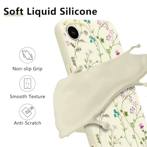 RALEAVO iPhone 16e uchun gul naqshli g'ilofi, qizlar va ayollar uchun chiroyli gul novdasi naqshli suyuq silikon qopqoq, iPhone 16e (6,1