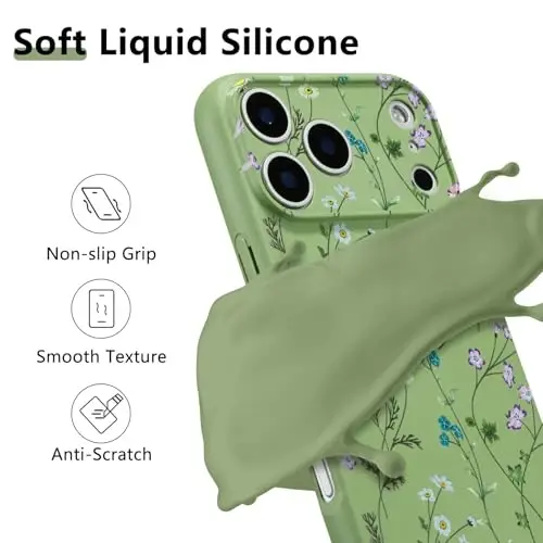 RALEAVO Floral Case for iPhone 17 Pro Silicone Cute Cover for Women,Green | Cute Flowers Branches Pattern for Girls Women,Soft Liquid Silicone Cover,Slim Protective Phone Case for iPhone 17 Pro 6.3