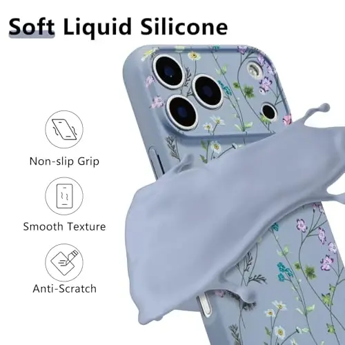 RALEAVO Floral Case for iPhone 17 Pro Max Silicone Cute Girly Cover,Gray | Cute Flowers Branches Pattern for Girls Women,Soft Liquid Silicone Cover,Slim Protective Case for iPhone 17 Pro Max 6.9