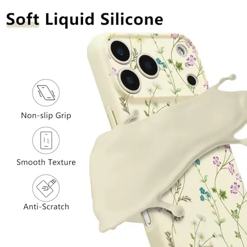 RALEAVO Floral Case for iPhone 17 Pro Max Silicone Cute Girly Cover,Beige | Cute Flowers Branches Pattern for Girls Women,Soft Liquid Silicone Cover,Slim Protective Case for iPhone 17 Pro Max 6.9