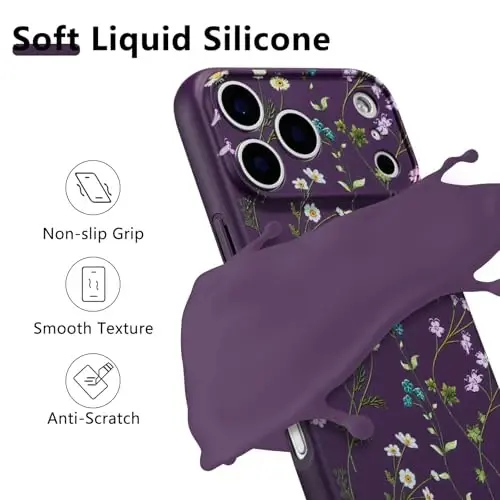 RALEAVO Floral Case for iPhone 17 Pro Max,Liquid Silicone Cover with Cute Flower Branch Pattern for Girls Women Slim Soft Rubber Protective Phone Case for iPhone 17 Pro Max (6.9