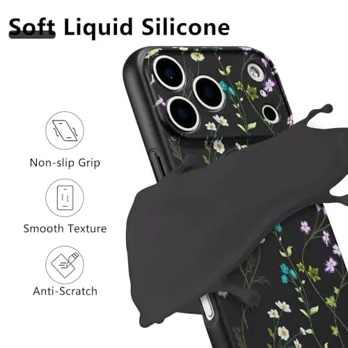 RALEAVO Floral Case for iPhone 17 Pro Max,Liquid Silicone Cover with Cute Flower Branch Pattern for Girls Women Slim Soft Rubber Protective Phone Case for iPhone 17 Pro Max (6.9
