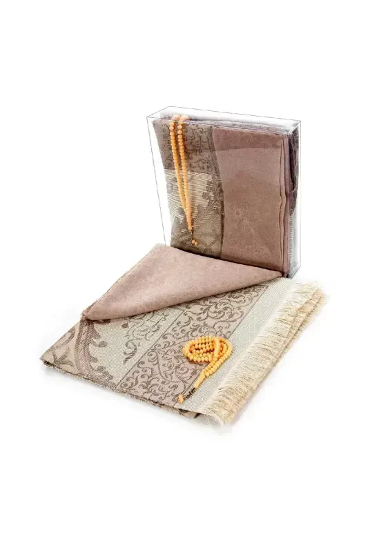 Ramadan Special Set 8 - Prayer Rug - Cover - Rosary - Boxed-Dark Cream - 1