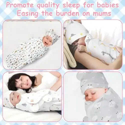 Ramede 6 Pack Swaddle Blanket with Hats Swaddle Outfit for 0-3 Months Newborn Sacks Soft Cotton Wearable Baby Shower Gifts for Girl and Boy - 5