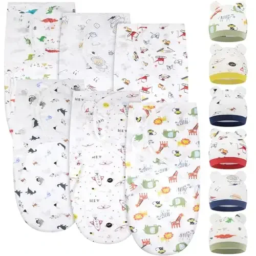 Ramede 6 Pack Baby Swaddle Blanket with Hats 0-3 Oylik yangi tug'ilgan chaqaloqlar uchun uyqu qopchasi yumshoq paxta qiz va o'g'il bolalar uchun - 1