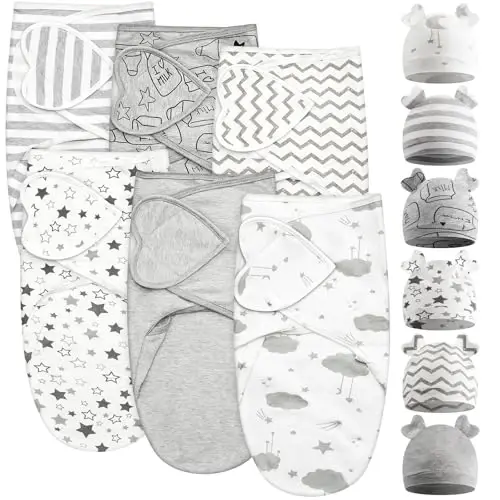 Ramede 6 Pack Baby Swaddle Blanket with Hats 0-3 Oylik yangi tug'ilgan chaqaloqlar uchun uyquga o'rash Qiz va bola uchun yumshoq paxtadan yasalgan kiyim - 1