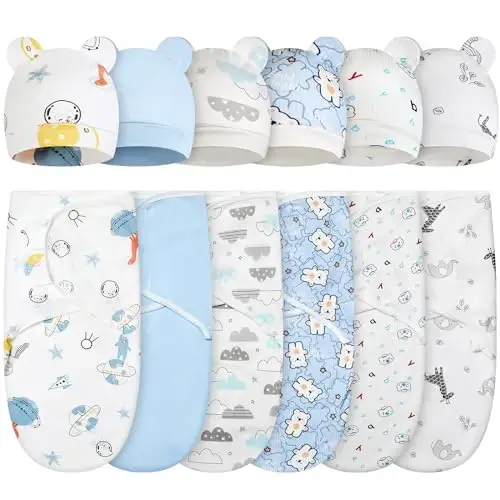 Ramede 6 Pack Baby Swaddle Blanket with Hats 0-3 Oylik Yangi Tug'ilgan Chaqaloqlar uchun Yumshoq Paxtadan Qilingan Kiyinadigan Qiz va O'g'il Bolalar uchun Uyqu uchun Yenglar - RAMEDE
