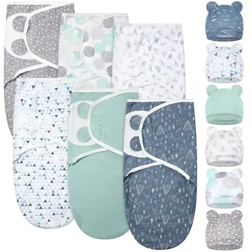 Ramede 6 Pack Swaddle Blanket with Hats Swaddle Outfit for 0-3 Months Newborn Sacks Soft Cotton Wearable Baby Shower Gifts for Girl and Boy 