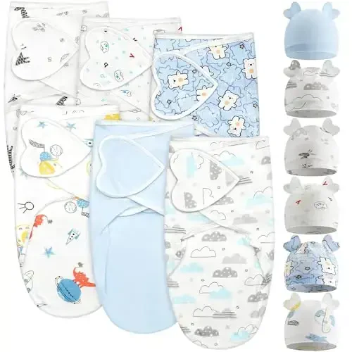 Ramede 6 Pack Baby Swaddle Blanket with Hats Sleep Swaddle for 0-3 Months Newborn Sacks Soft Cotton Wearable for Girl and Boy - RAMEDE