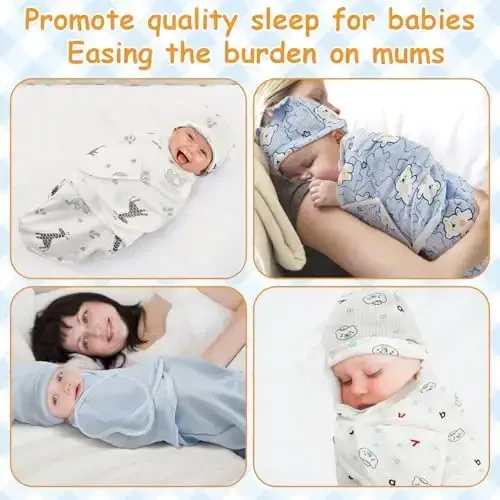 Ramede 6 Pack Baby Swaddle Blanket with Hats Sleep Swaddle for 0-3 Months Newborn Sacks Soft Cotton Wearable for Girl and Boy - 4