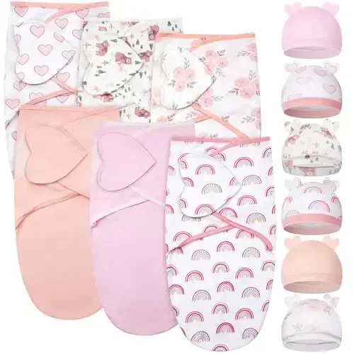 Ramede 6 Pack Baby Swaddle Blanket with Hats Sleep Swaddle for 0-3 Months Newborn Sacks Soft Cotton Wearable for Girl and Boy - RAMEDE