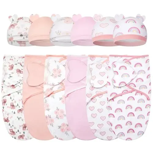Ramede 6 Pack Baby Swaddle Blanket with Hats Sleep Swaddle for 0-3 Months Newborn Sacks Soft Cotton Wearable for Girl and Boy - 1