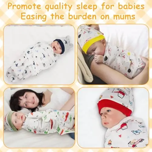 Ramede 6 Pack Baby Swaddle Blanket with Hats Sleep Swaddle for 0-3 Months Newborn Sacks Soft Cotton Wearable for Girl and Boy - 5