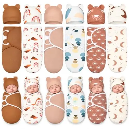 Ramede 6 Pack Baby Swaddle Blankets with Hats,Boho,Khaki | Soft Cotton Wrap for Newborn Boys 0-3 Months, Adjustable Breathable Sleep Sack Set, Skin-comfortable Receiving Blanket - 1