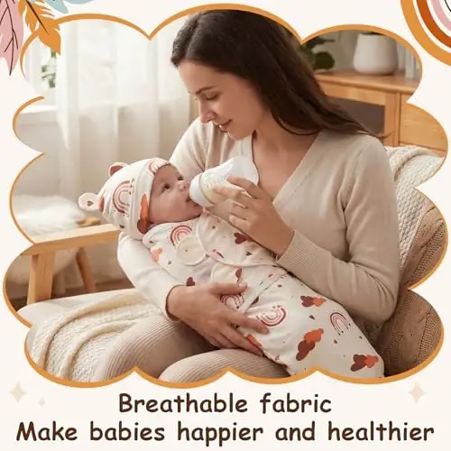 Ramede 6 Pack Baby Swaddle Blankets with Hats,Boho,Khaki | Soft Cotton Wrap for Newborn Boys 0-3 Months, Adjustable Breathable Sleep Sack Set, Skin-comfortable Receiving Blanket - 6