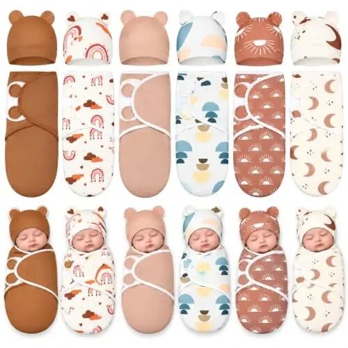 Ramede 6 Pack Baby Swaddle Blankets with Hats,Boho,Khaki | Soft Cotton Wrap for Newborn Boys 0-3 Months, Adjustable Breathable Sleep Sack Set, Skin-comfortable Receiving Blanket - ramede