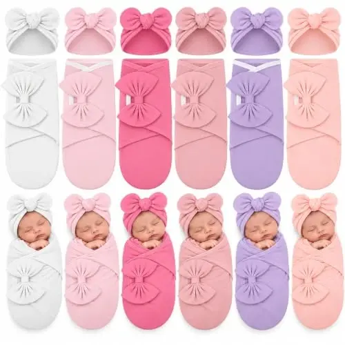 Ramede 6 Pack Baby Swaddle Blankets with Hats,Bow,Solid Color | Soft Cotton Wrap for Newborn Boys 0-3 Months, Adjustable Breathable Sleep Sack Set, Skin-comfortable Receiving Blanket - 1