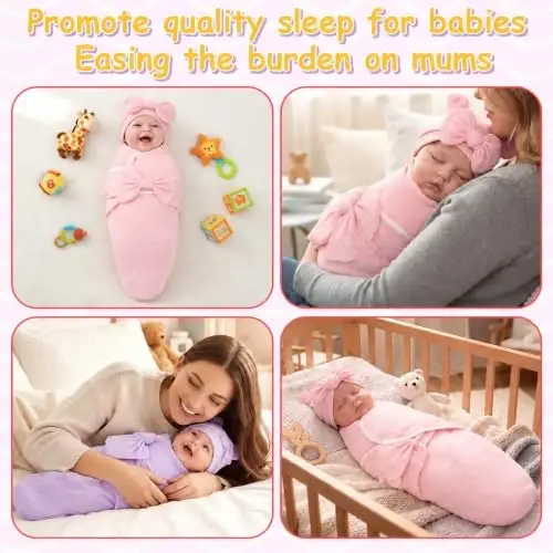 Ramede 6 Pack Baby Swaddle Blankets with Hats,Bow,Solid Color | Soft Cotton Wrap for Newborn Boys 0-3 Months, Adjustable Breathable Sleep Sack Set, Skin-comfortable Receiving Blanket - 5
