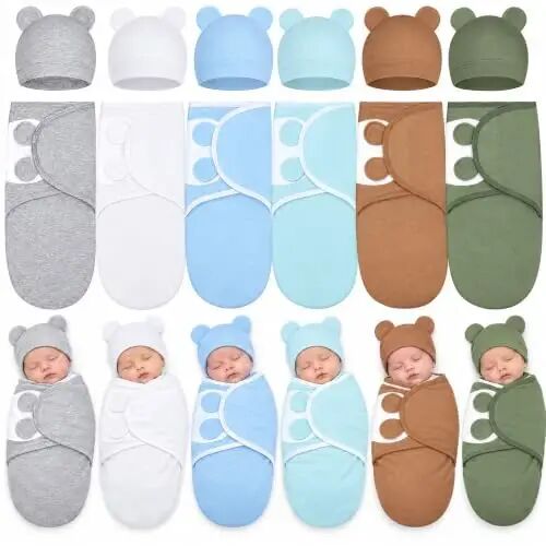 Ramede 6 Pack Baby Swaddle Blankets with Hats,Classic,Dark Color | Soft Cotton Wrap for Newborn Boys 0-3 Months, Adjustable Breathable Sleep Sack Set, Skin-comfortable Receiving Blanket - ramede