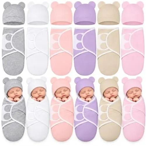 Ramede 6 Pack Baby Swaddle Blankets with Hats,Classic,Light Color | Soft Cotton Wrap for Newborn Boys 0-3 Months, Adjustable Breathable Sleep Sack Set, Skin-comfortable Receiving Blanket - 1