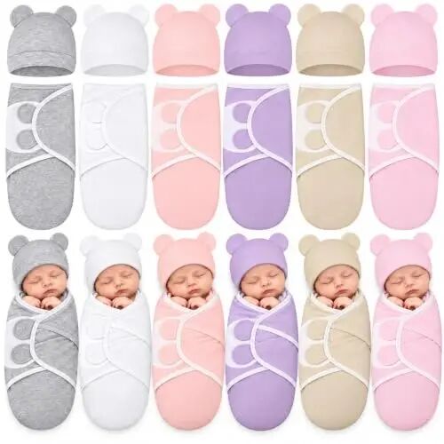 Ramede 6 Pack Baby Swaddle Blankets with Hats,Classic,Light Color | Soft Cotton Wrap for Newborn Boys 0-3 Months, Adjustable Breathable Sleep Sack Set, Skin-comfortable Receiving Blanket - ramede
