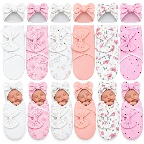 Ramede 6 Pack Baby Swaddle Blankets with Hats,Rosette,Pink | Soft Cotton Wrap for Newborn Boys 0-3 Months, Adjustable Breathable Sleep Sack Set, Skin-comfortable Receiving Blanket - 1