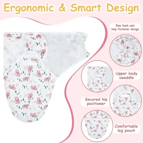 Ramede 6 Pack Baby Swaddle Blankets with Hats,Rosette,Pink | Soft Cotton Wrap for Newborn Boys 0-3 Months, Adjustable Breathable Sleep Sack Set, Skin-comfortable Receiving Blanket - 3