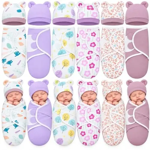 Ramede 6 Pack Baby Swaddle Blankets with Hats,Tree,Purple | Soft Cotton Wrap for Newborn Boys 0-3 Months, Adjustable Breathable Sleep Sack Set, Skin-comfortable Receiving Blanket - 1