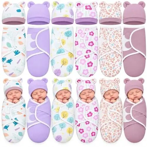Ramede 6 Pack Baby Swaddle Blankets with Hats,Tree,Purple | Soft Cotton Wrap for Newborn Boys 0-3 Months, Adjustable Breathable Sleep Sack Set, Skin-comfortable Receiving Blanket - ramede