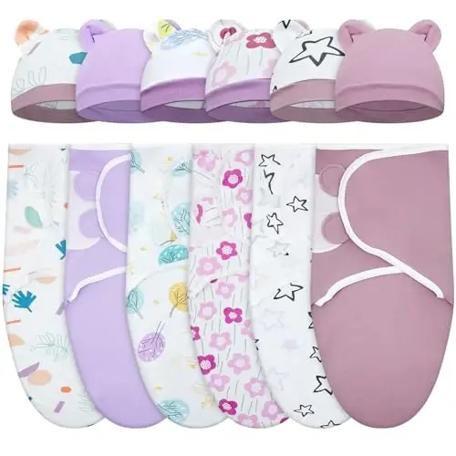 Ramede 6 Pack Swaddle Blanket with Hats for Baby Girl Boy 100% Cotton Swaddles 0-3 Months, Adjustable Breathable Skin Friendly Receiving Blanket Wrap, Essential for Newborns - 1